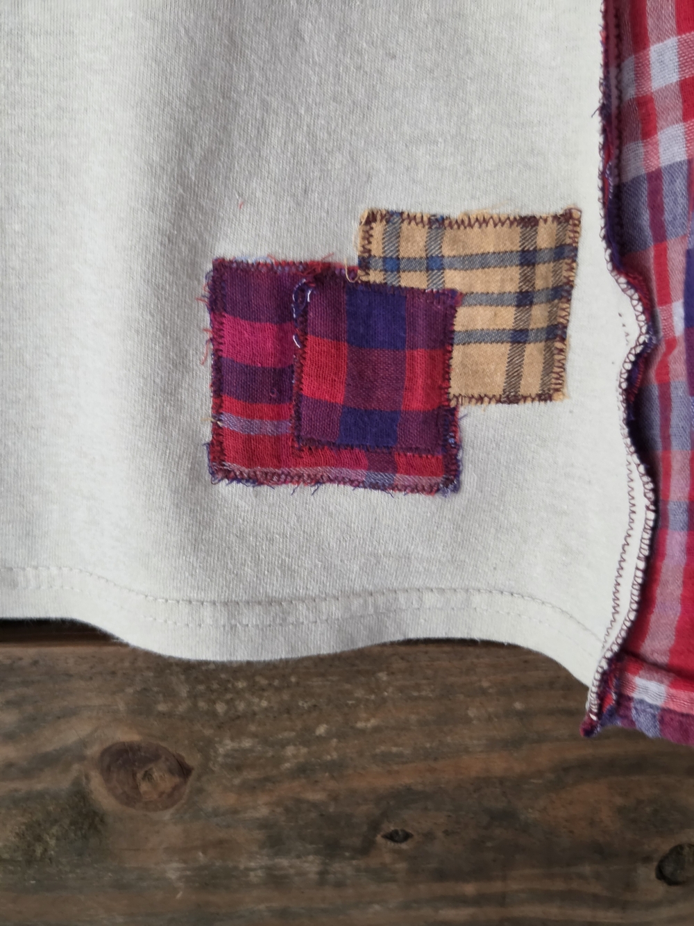 Upcycled Leave Me Alone Graphic Tee with Red Plaid Sleeve Detail - Picture 5 of 12
